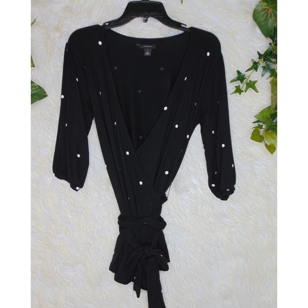 Halogen | Women's Wrap Top Black White Polka Dots V Neck Size Medium